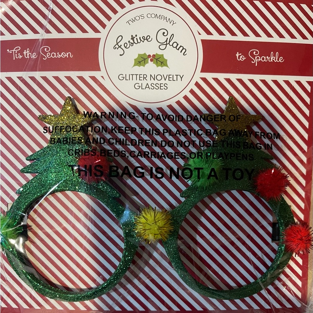 Two's Company Festive Glam Glitter Glasses - Green and Yellow